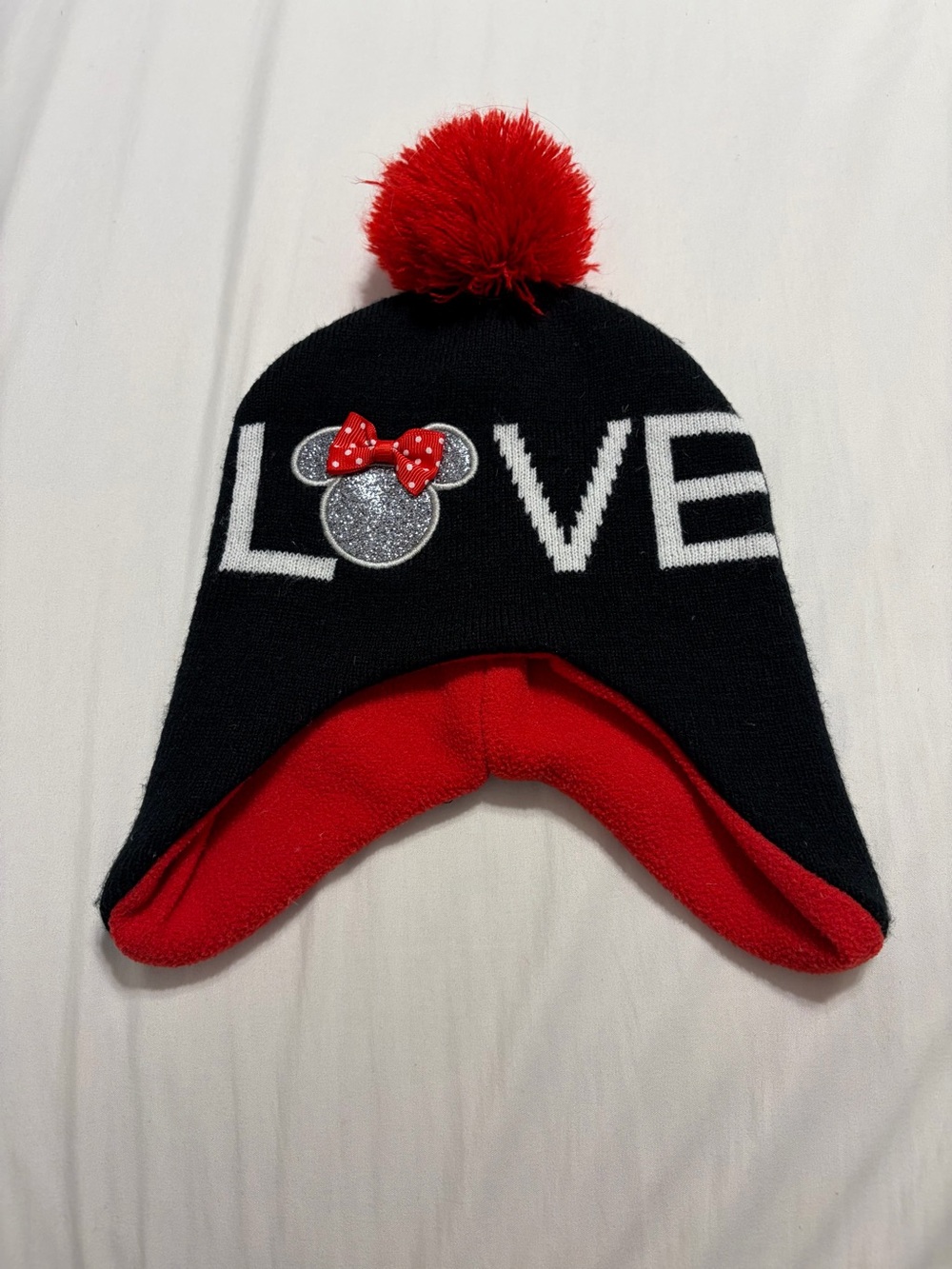 Disney Minnie Mouse LOVE Sparkle Pom Pom Fleece Lined Earflap Hat